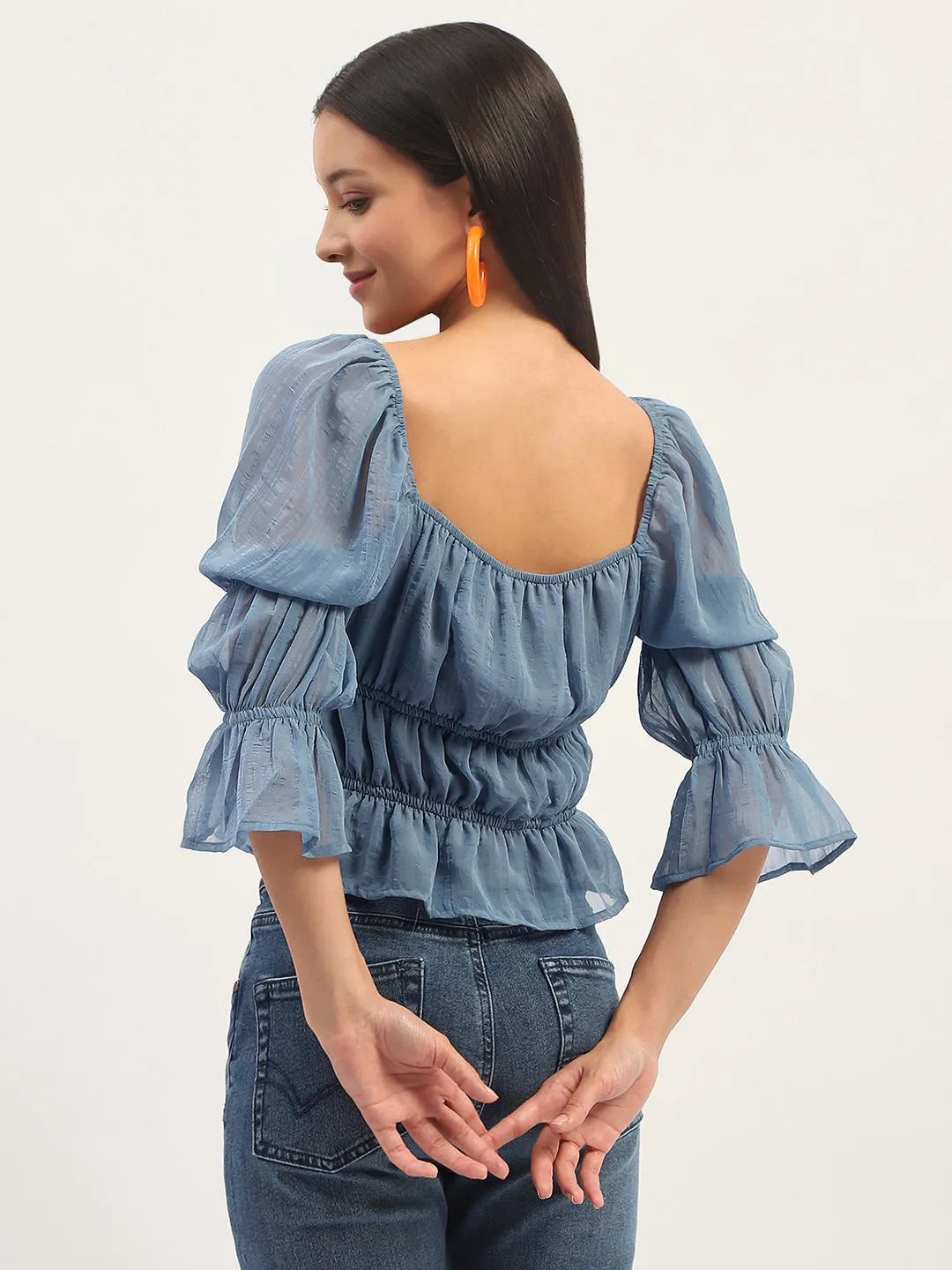 Madame Ruched Detailing Blue Peplum Top