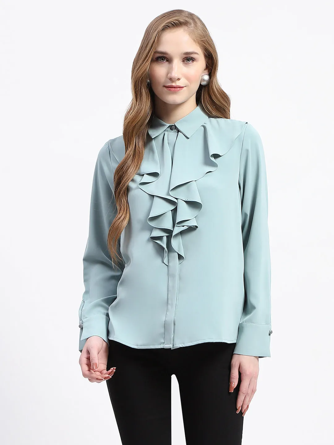 Madame Ruffle Collar Solid Grey Shirt