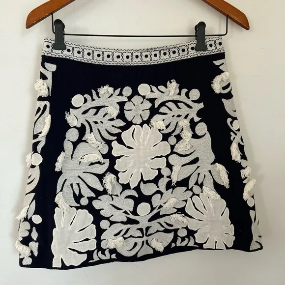 MAEVE $138 Liesl Fringed Mini Skirt | Embellished Floral | Navy A-Line | New