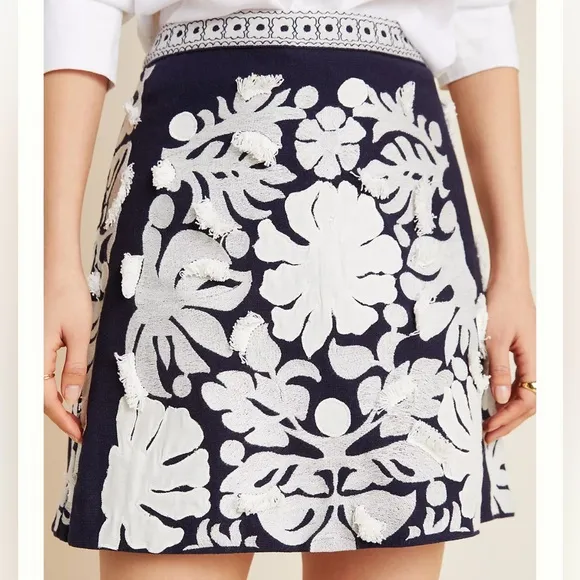 MAEVE $138 Liesl Fringed Mini Skirt | Embellished Floral | Navy A-Line | New