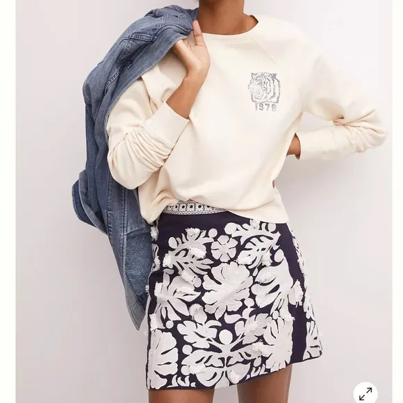 MAEVE $138 Liesl Fringed Mini Skirt | Embellished Floral | Navy A-Line | New