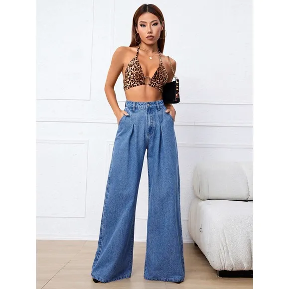 Medium wash High Waisted Wide Leg Jeans blue denim y2k