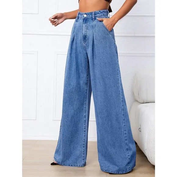 Medium wash High Waisted Wide Leg Jeans blue denim y2k