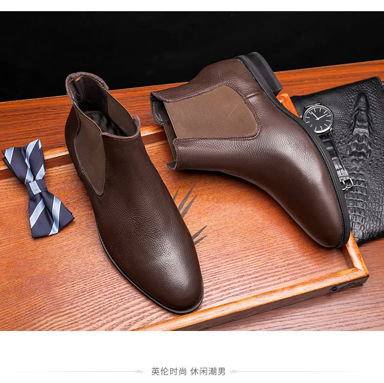 Men New Genuine Leather Slip-on Ankle Boots Pointed Toe Chelsea Boots