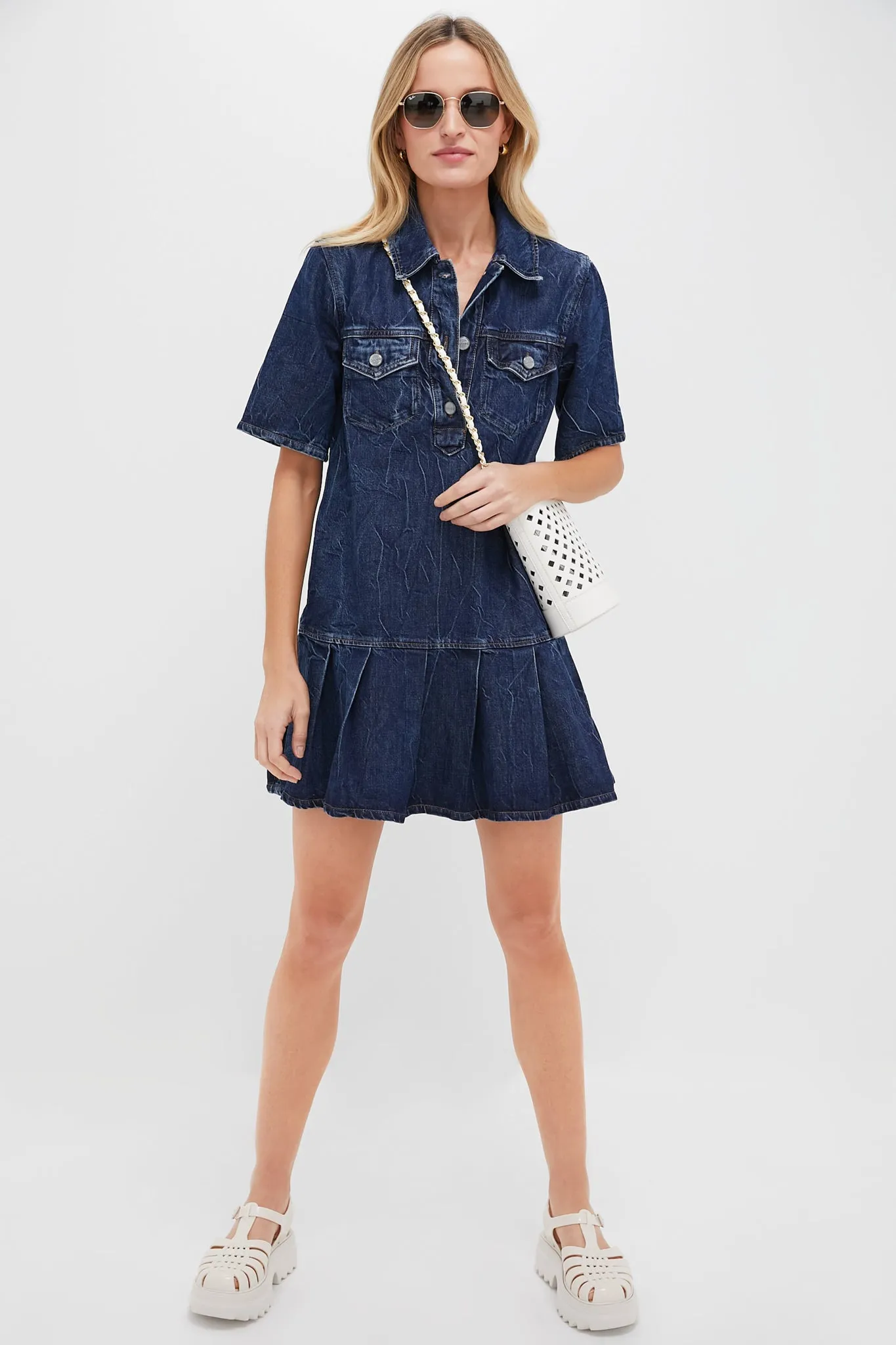 Mid Blue Stone Crinkled Future Denim Mini Dress