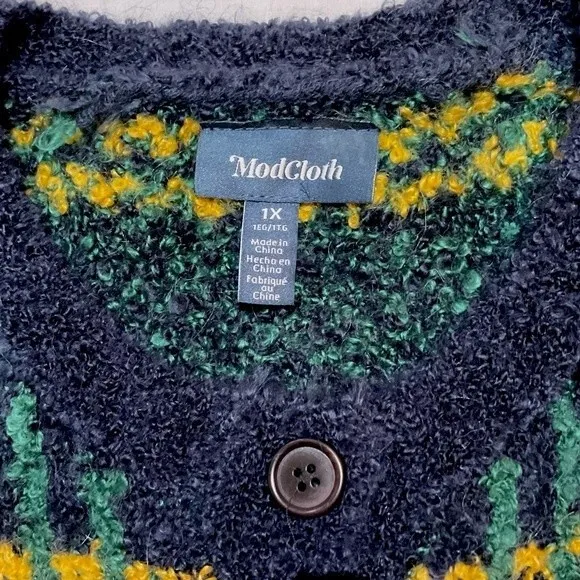 ModCloth Plaid Boucle Cardigan Sweater Retro Knit Navy Button Front Sz 1X New