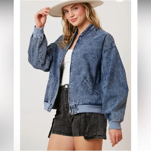 New Fantastic Fawn Denim Bomber Jacket with Pockets Size Small