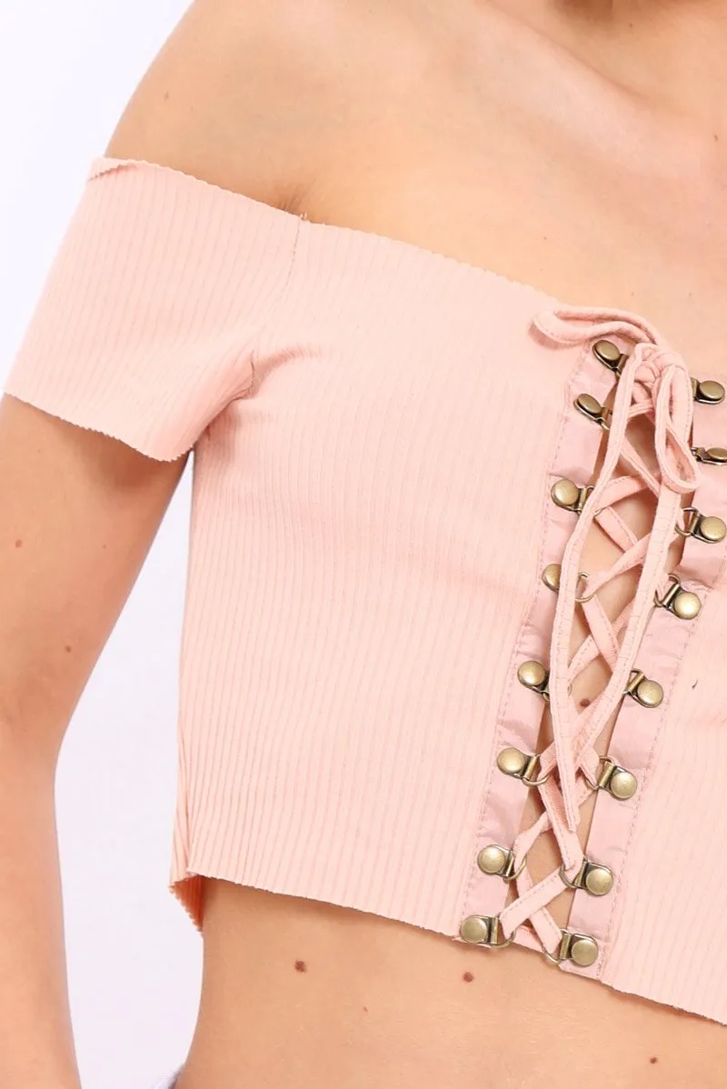 Nude Ribbed Lace Up Bardot Crop Top - Arianna