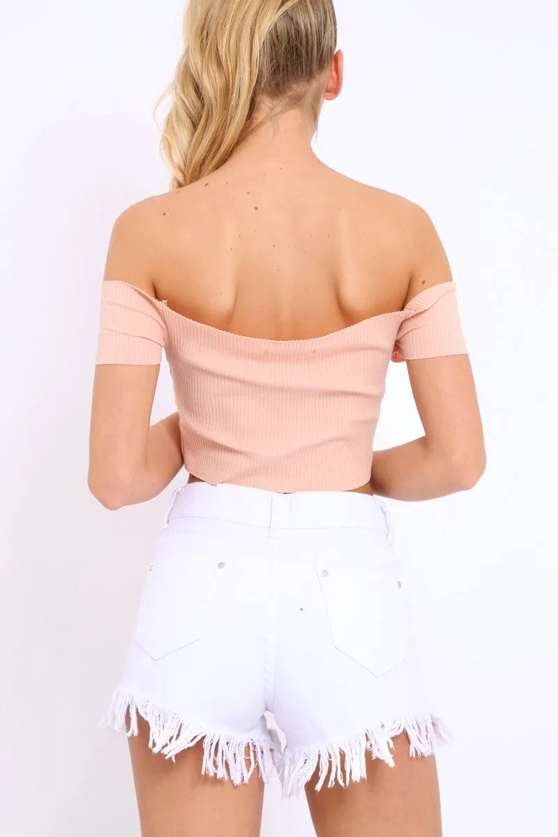 Nude Ribbed Lace Up Bardot Crop Top - Arianna