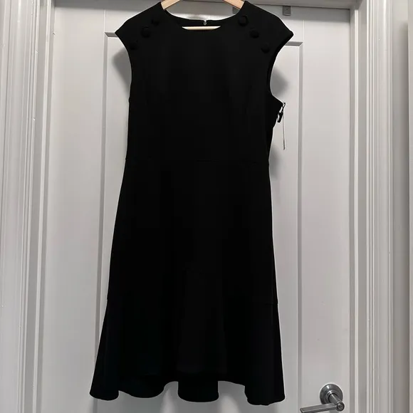 NWT! Black CALVIN KLEIN Scuba Dress with Flutter Hem and Button Details- Size 10