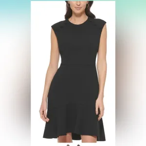 NWT! Black CALVIN KLEIN Scuba Dress with Flutter Hem and Button Details- Size 10