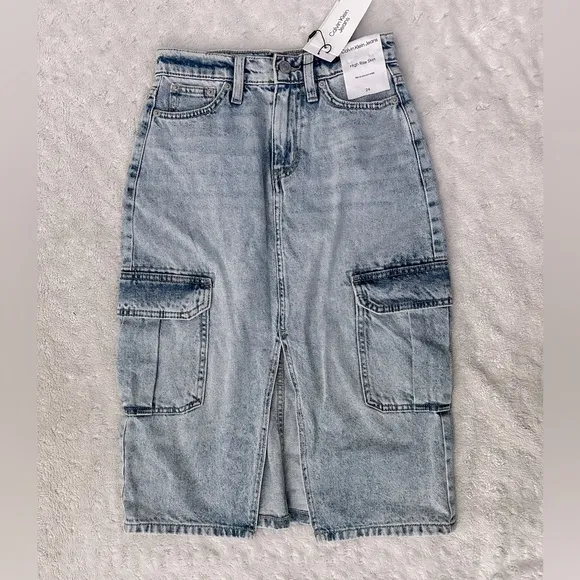 NWT- Calvin Klein Jeans Denim High-Rise Cargo Midi Skirt