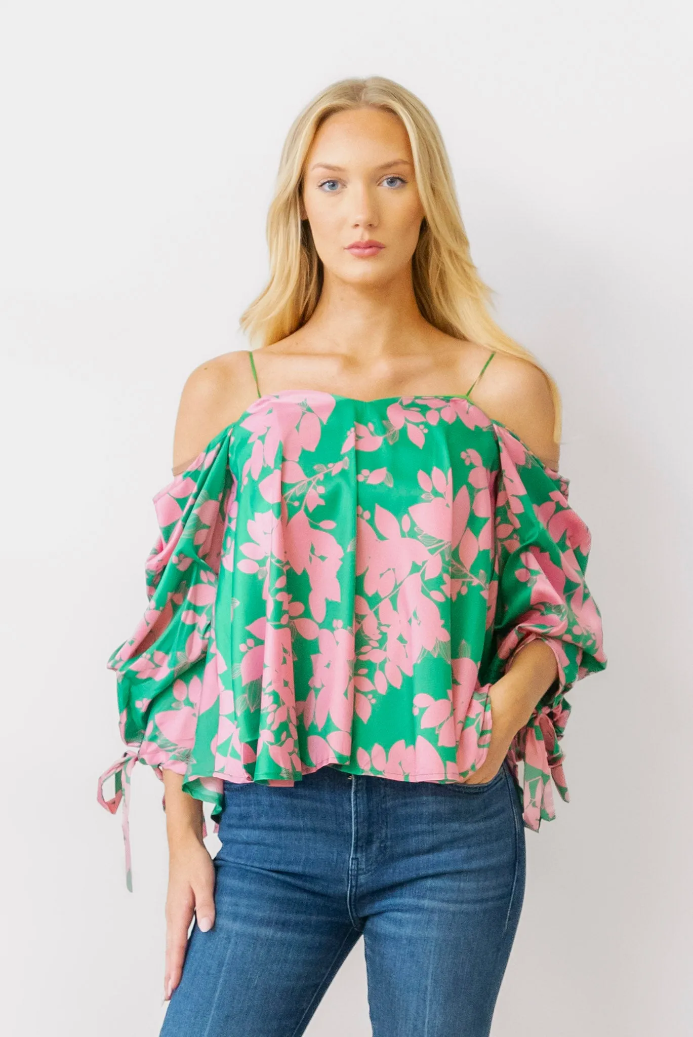 Off the Shoulder Silky Blouse in Lime