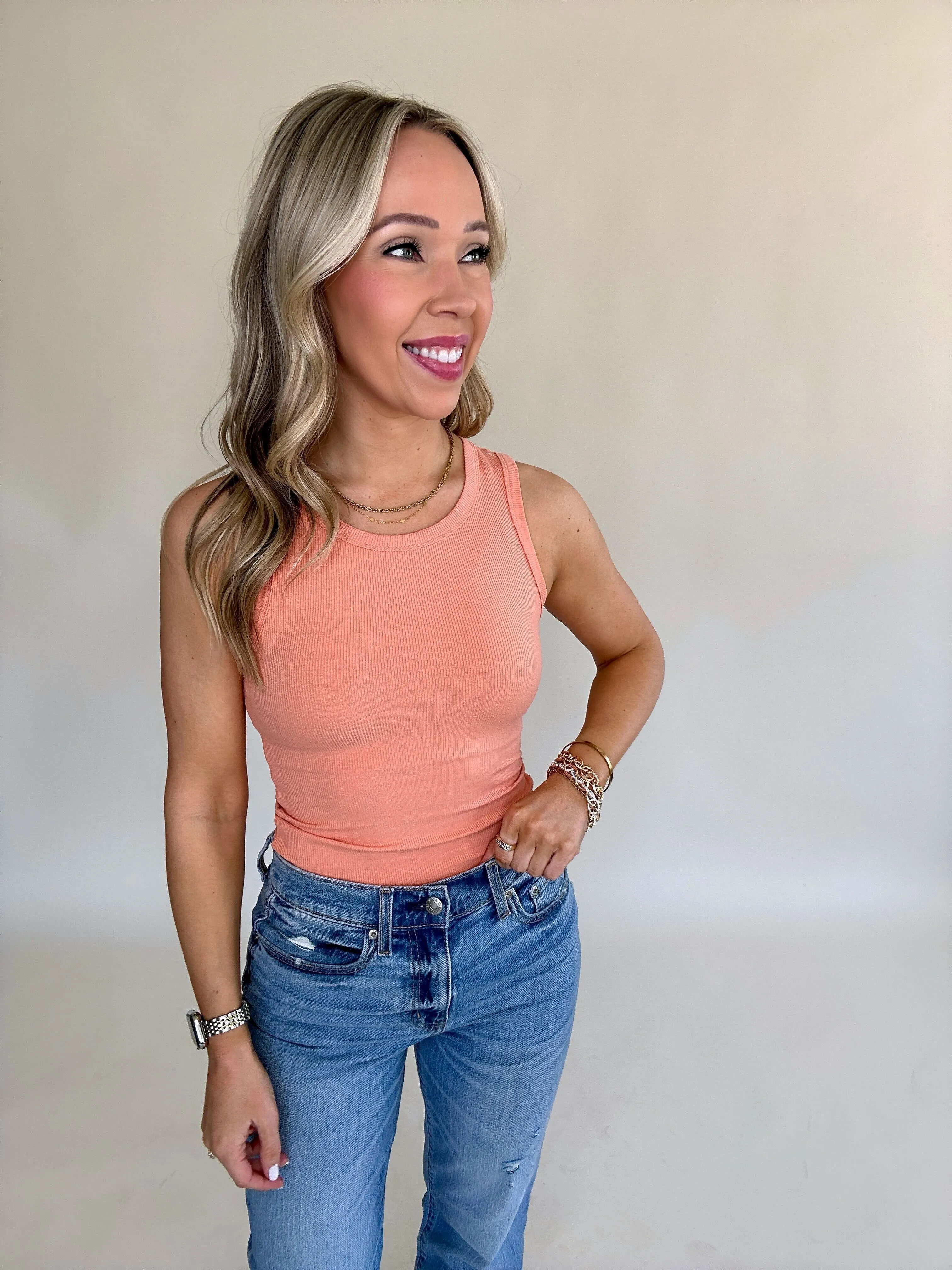 On Par Rib Sleeveless Tank Top - Melon