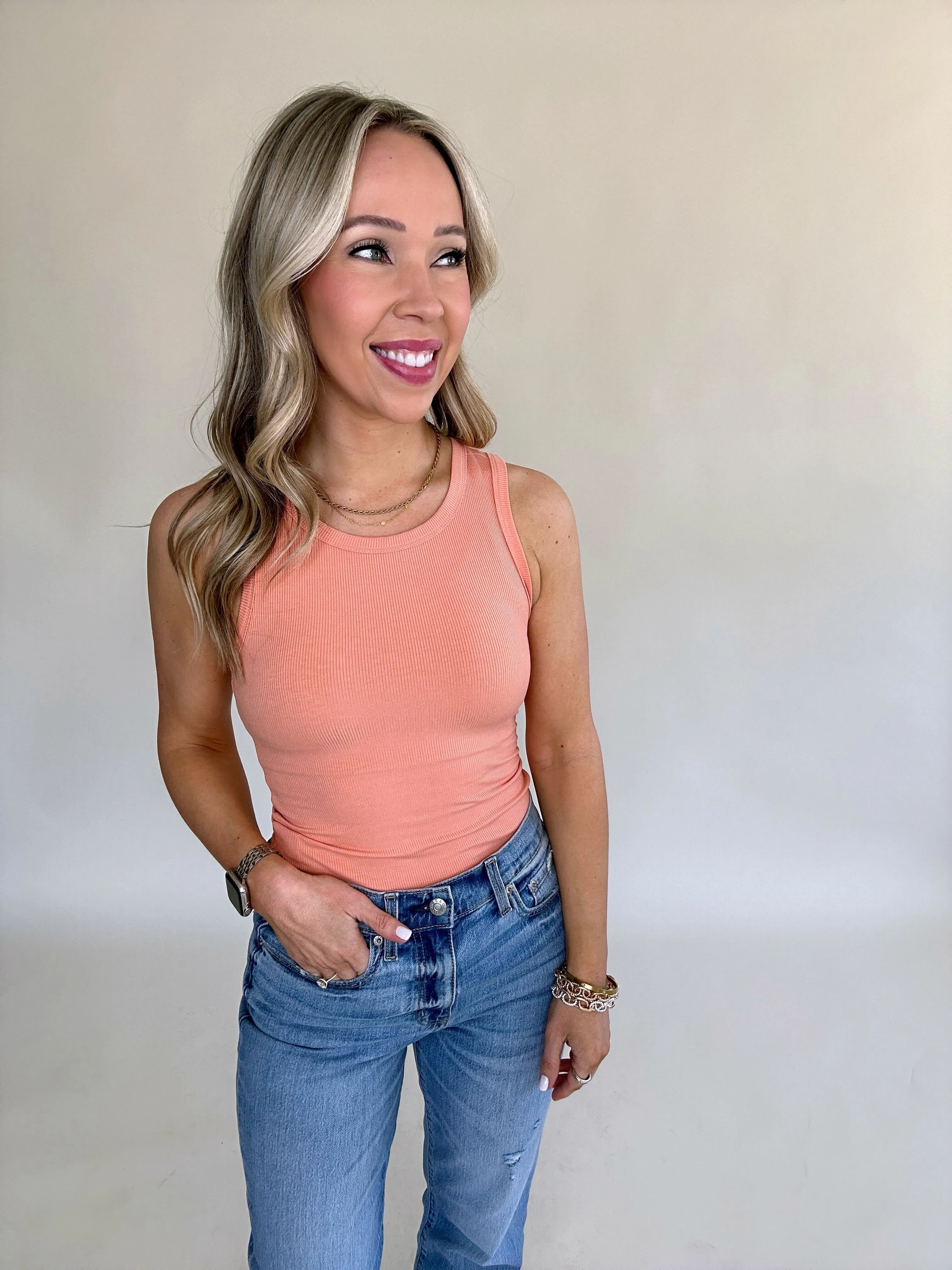 On Par Rib Sleeveless Tank Top - Melon