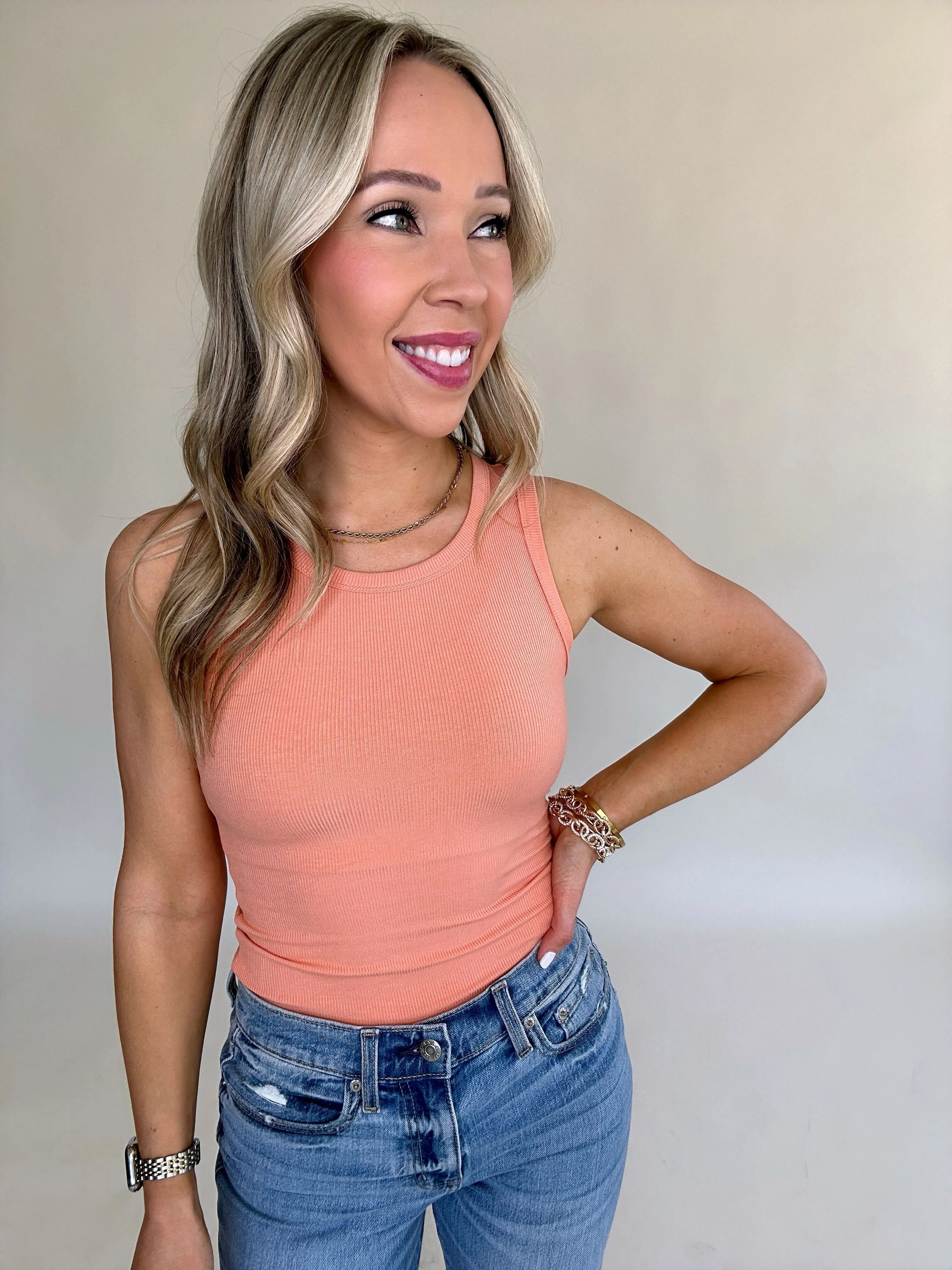 On Par Rib Sleeveless Tank Top - Melon