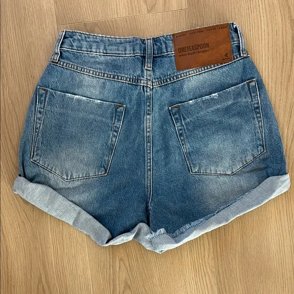 One Teaspoon Distressed Cuffed Blue Denim Shorty Shorts 0120