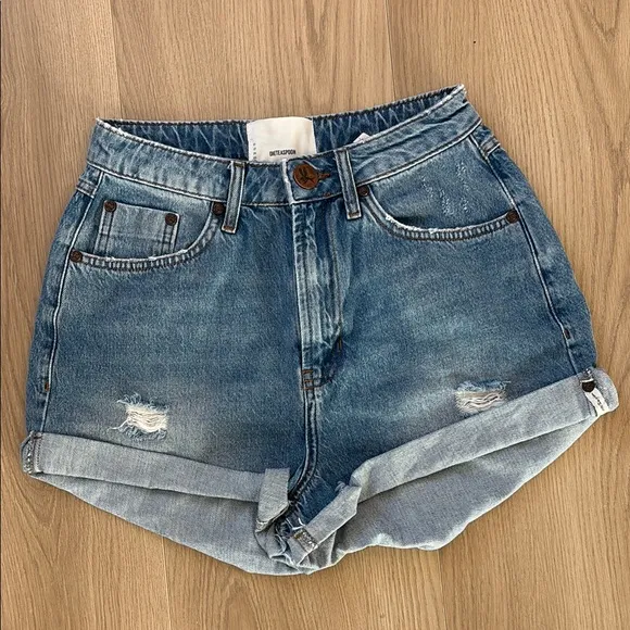 One Teaspoon Distressed Cuffed Blue Denim Shorty Shorts 0120