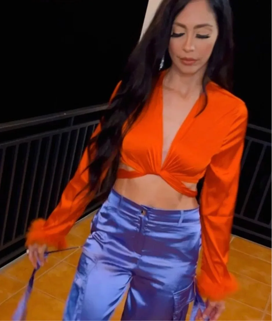 Orange Satin Long Sleeve Feather Top