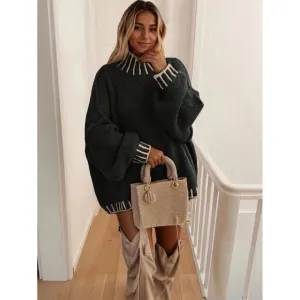 Oversized knit turtleneck sweater dress contrast stitching black