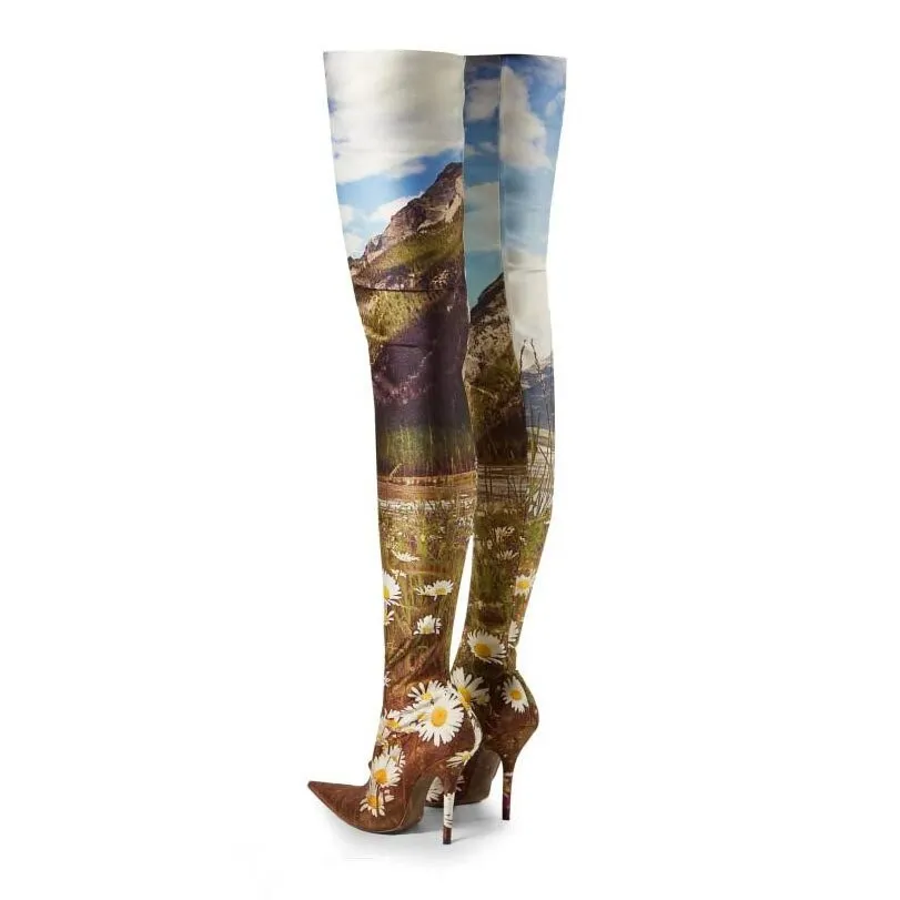 Pattern Stiletto Over-the-knee Boots with Pointed Apricot Tree Print