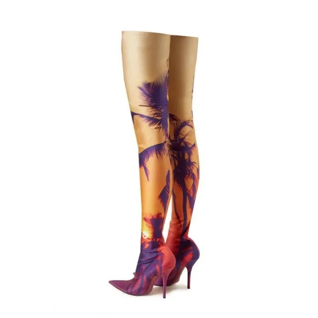 Pattern Stiletto Over-the-knee Boots with Pointed Apricot Tree Print