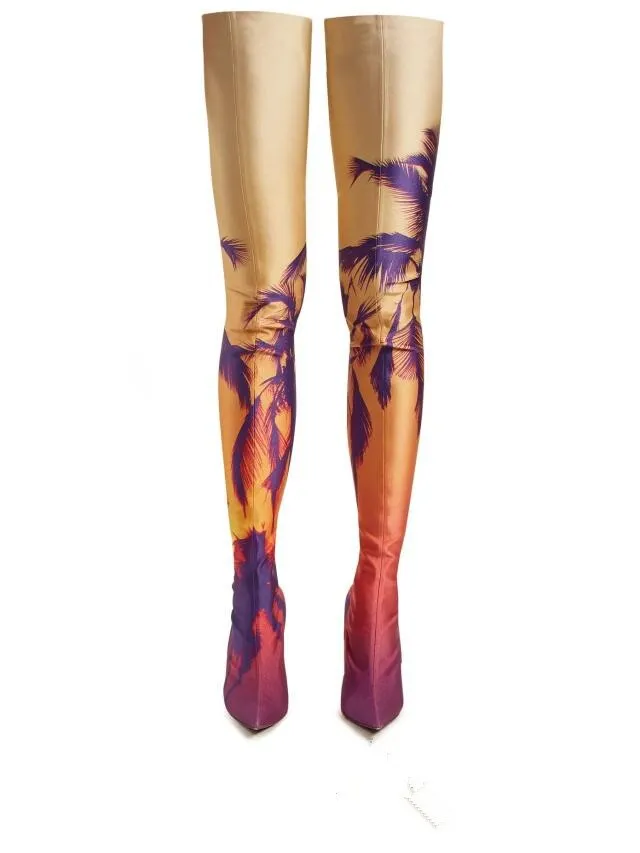 Pattern Stiletto Over-the-knee Boots with Pointed Apricot Tree Print