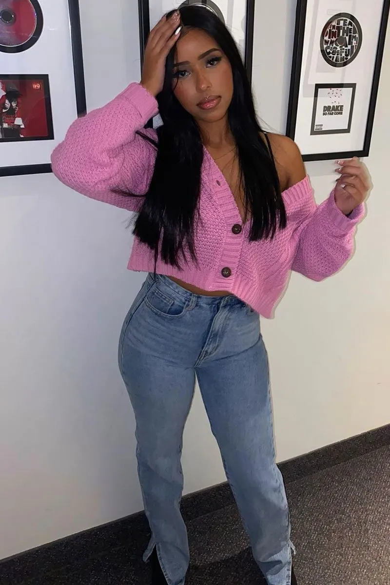 Pink Chunky Knit Button Up Crop Cardigan - Elly