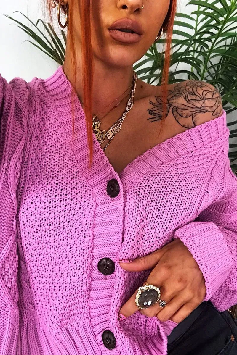 Pink Chunky Knit Button Up Crop Cardigan - Elly