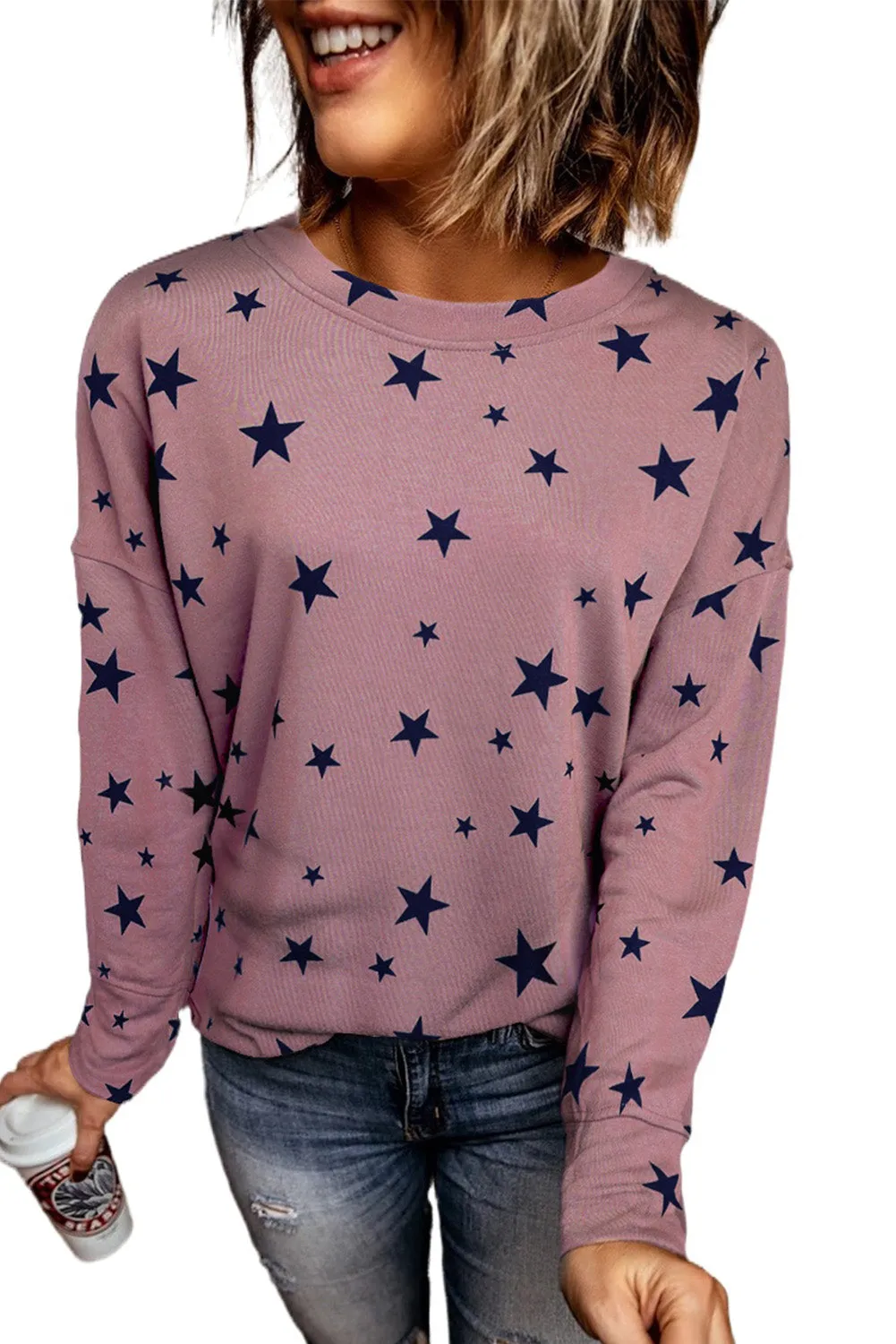Pink Give A Little Love Crew Neck Star Print Long Sleeve Top