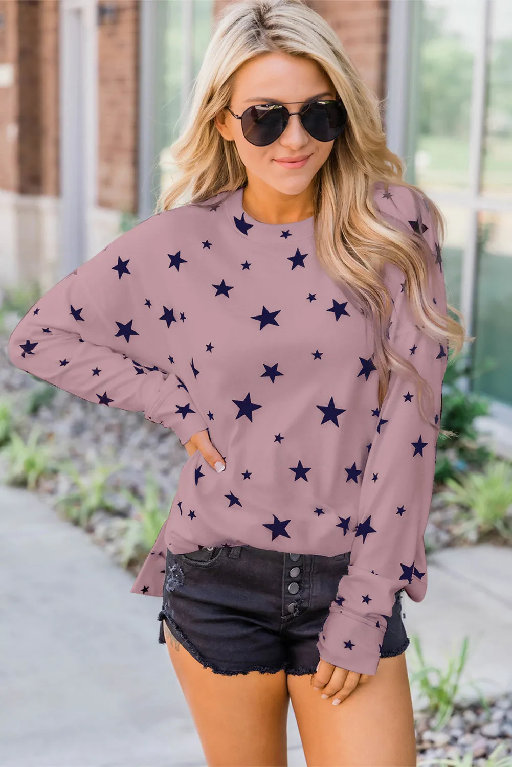 Pink Give A Little Love Crew Neck Star Print Long Sleeve Top