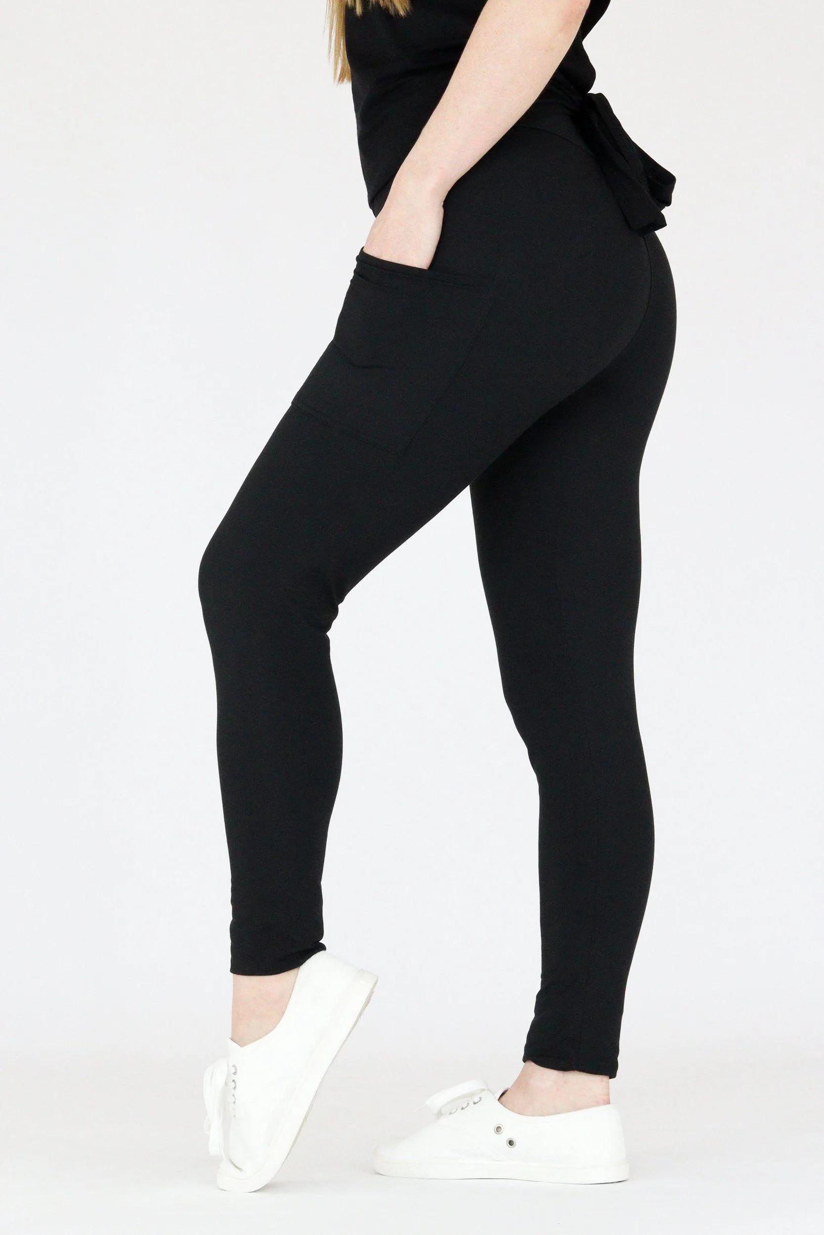 Plain Black - Casual - Full Leggings - Pockets