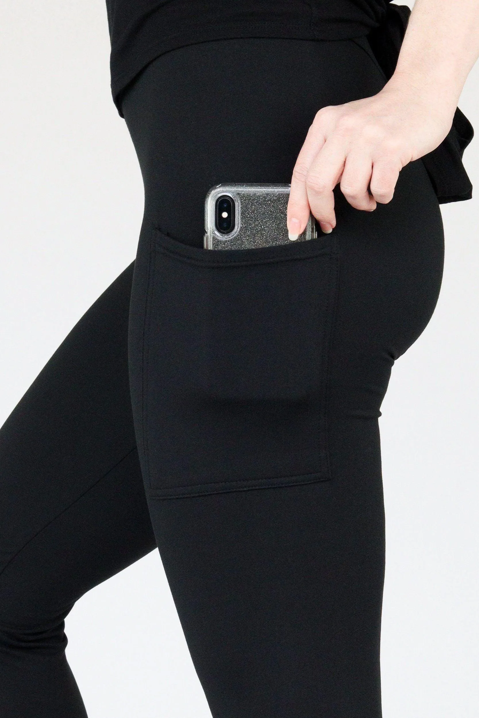 Plain Black - Casual - Full Leggings - Pockets
