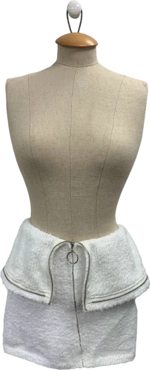 PrettyLittleThing White Fluffy Knit Fold Over Zipped Mini Skirt UK S