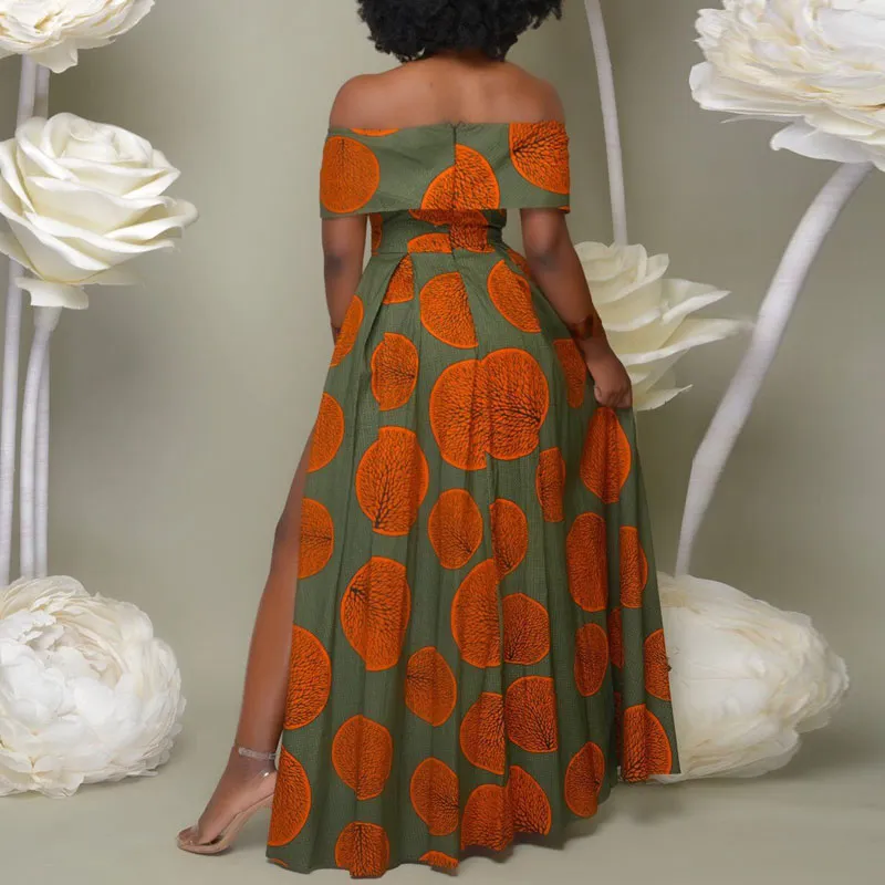 Print Off Shoulder High Slit Maxi Dress