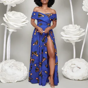 Print Off Shoulder High Slit Maxi Dress