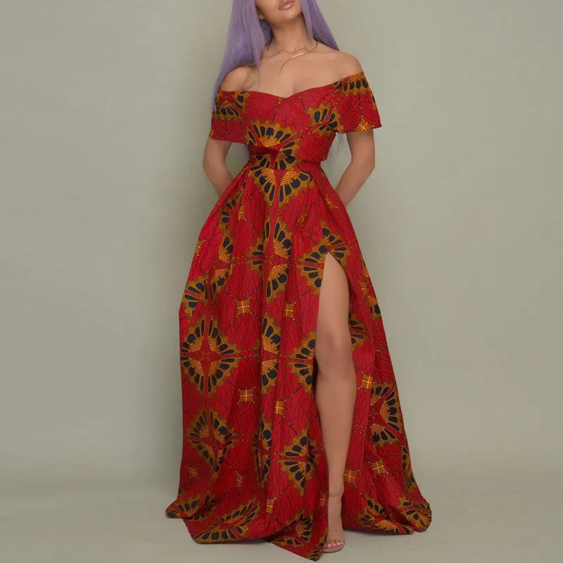 Print Off Shoulder High Slit Maxi Dress