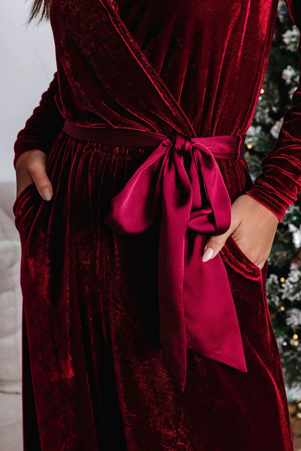 Red Velvet Pocketed Cut out Back Wide Leg Jumpsuit