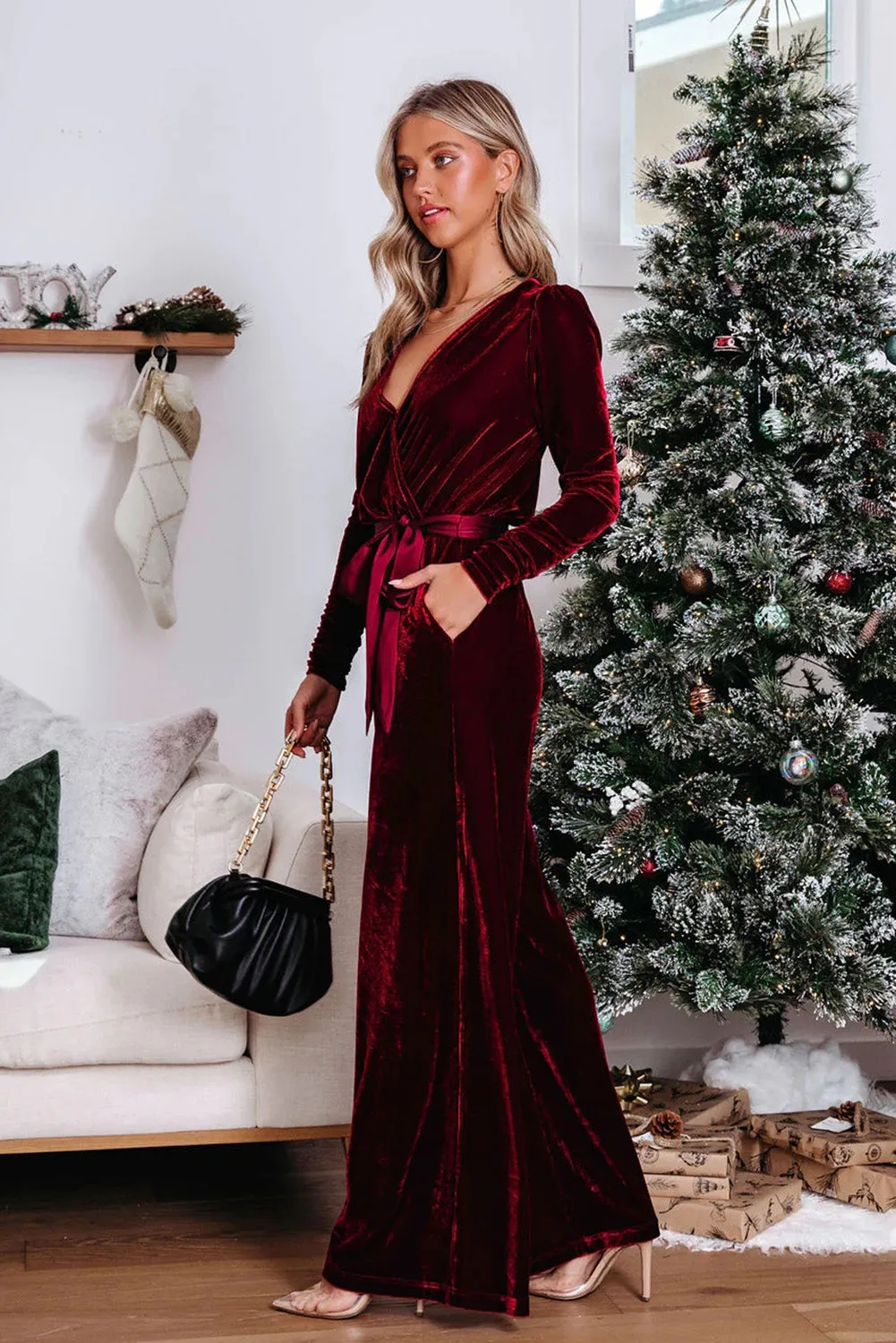 Red Velvet Pocketed Cut out Back Wide Leg Jumpsuit