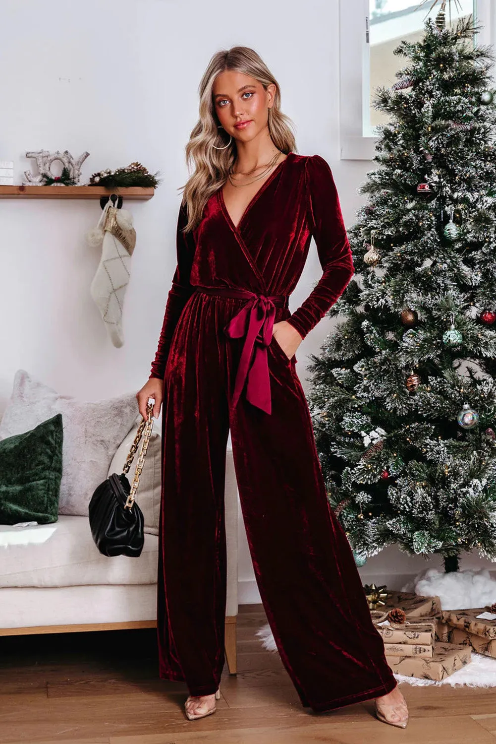 Red Velvet Pocketed Cut out Back Wide Leg Jumpsuit