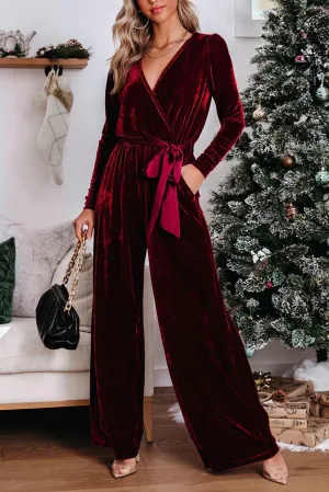 Red Velvet Pocketed Cut out Back Wide Leg Jumpsuit