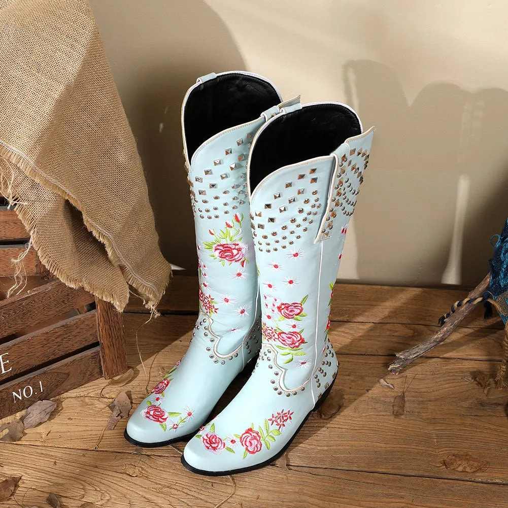 Retro Vintage Embroidery Women's Knee High Shoes