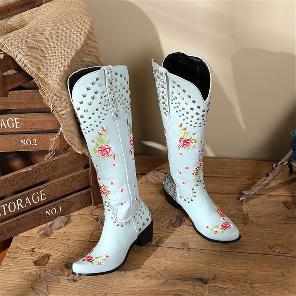 Retro Vintage Embroidery Women's Knee High Shoes
