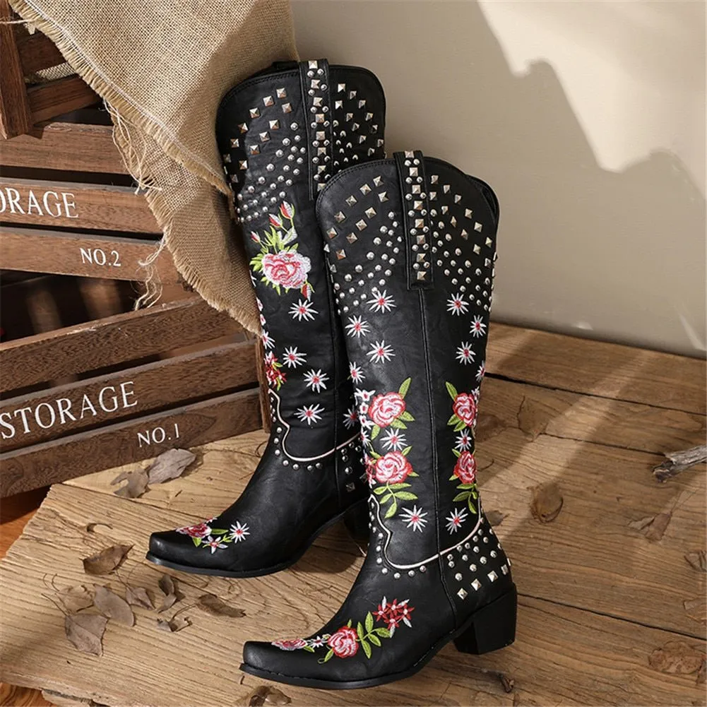 Retro Vintage Embroidery Women's Knee High Shoes