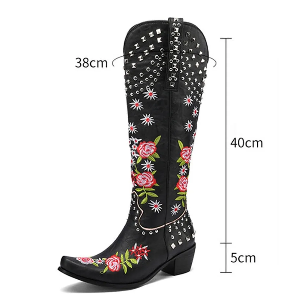 Retro Vintage Embroidery Women's Knee High Shoes