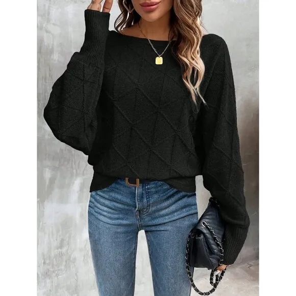 Ribbed knit crosshatch crewneck sweater batwing black