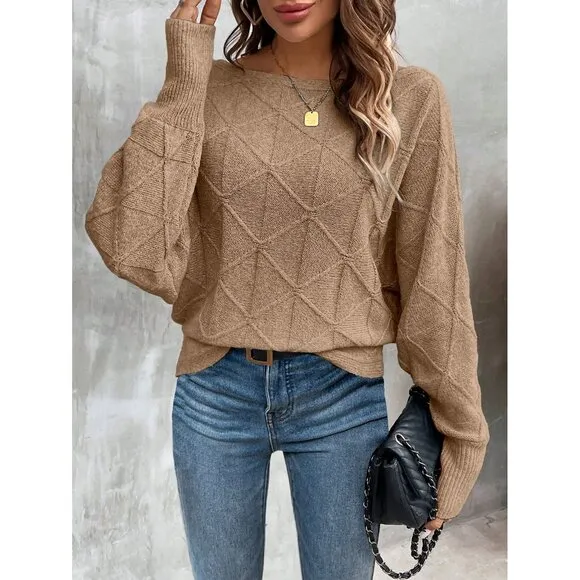Ribbed knit crosshatch crewneck sweater batwing black