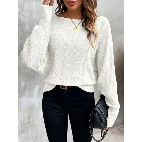 Ribbed knit crosshatch crewneck sweater batwing black