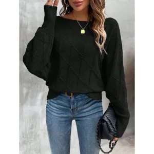 Ribbed knit crosshatch crewneck sweater batwing black