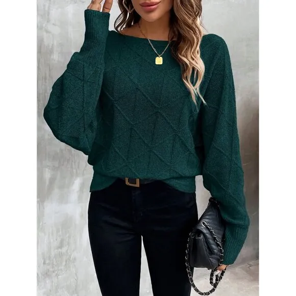 Ribbed knit crosshatch crewneck sweater batwing black